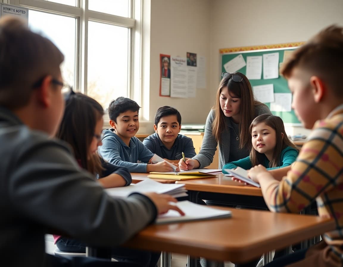 Colorado ELL classroom with teacher and multilingual students working on academic language tasks