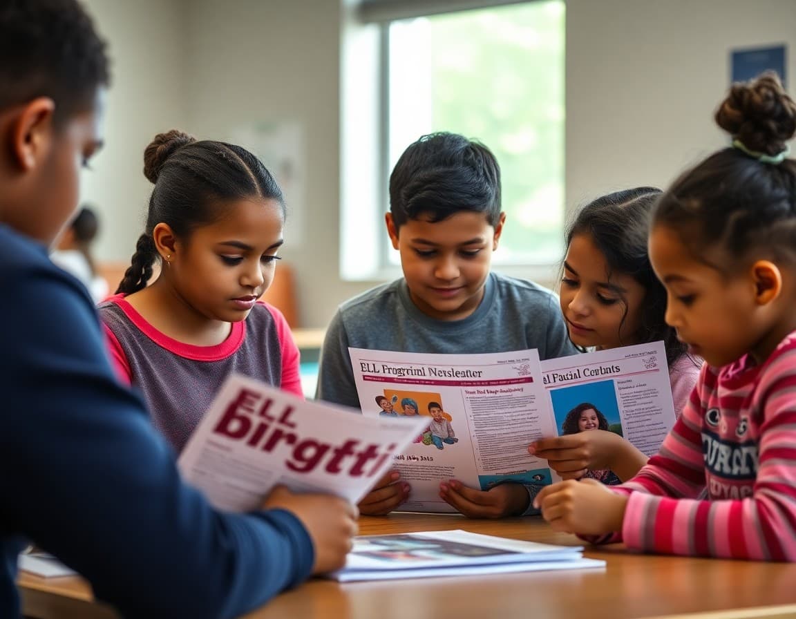 Connecticut ELL families reviewing program newsletters at a Bridgeport school family event