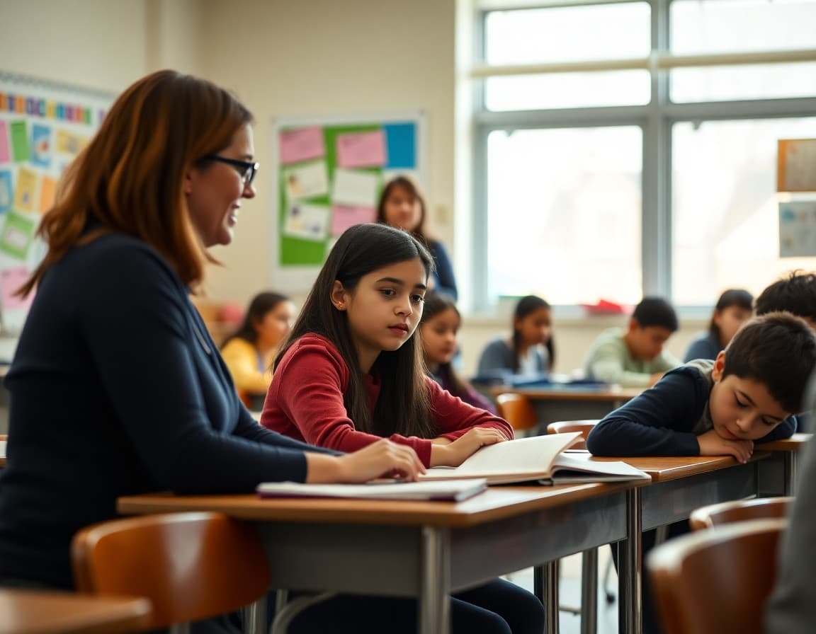 Connecticut ELL classroom with teacher and multilingual students working on academic English skills