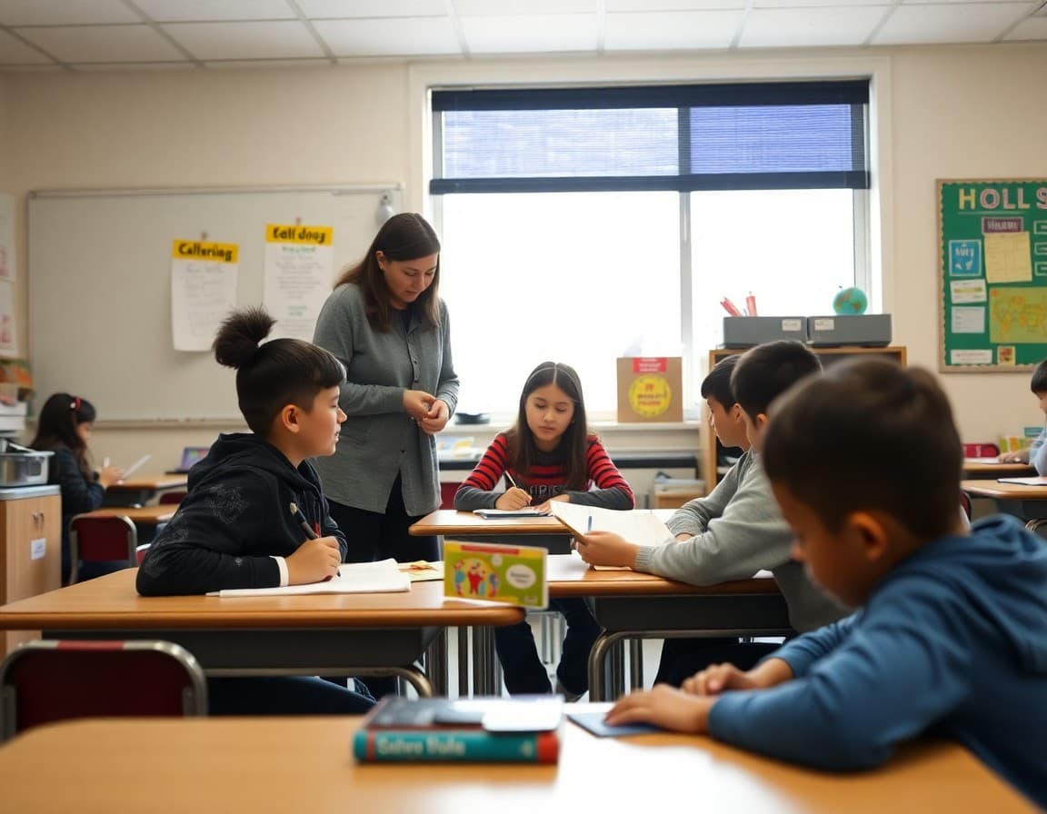 Delaware ELL classroom with teacher and multilingual students working on language activities