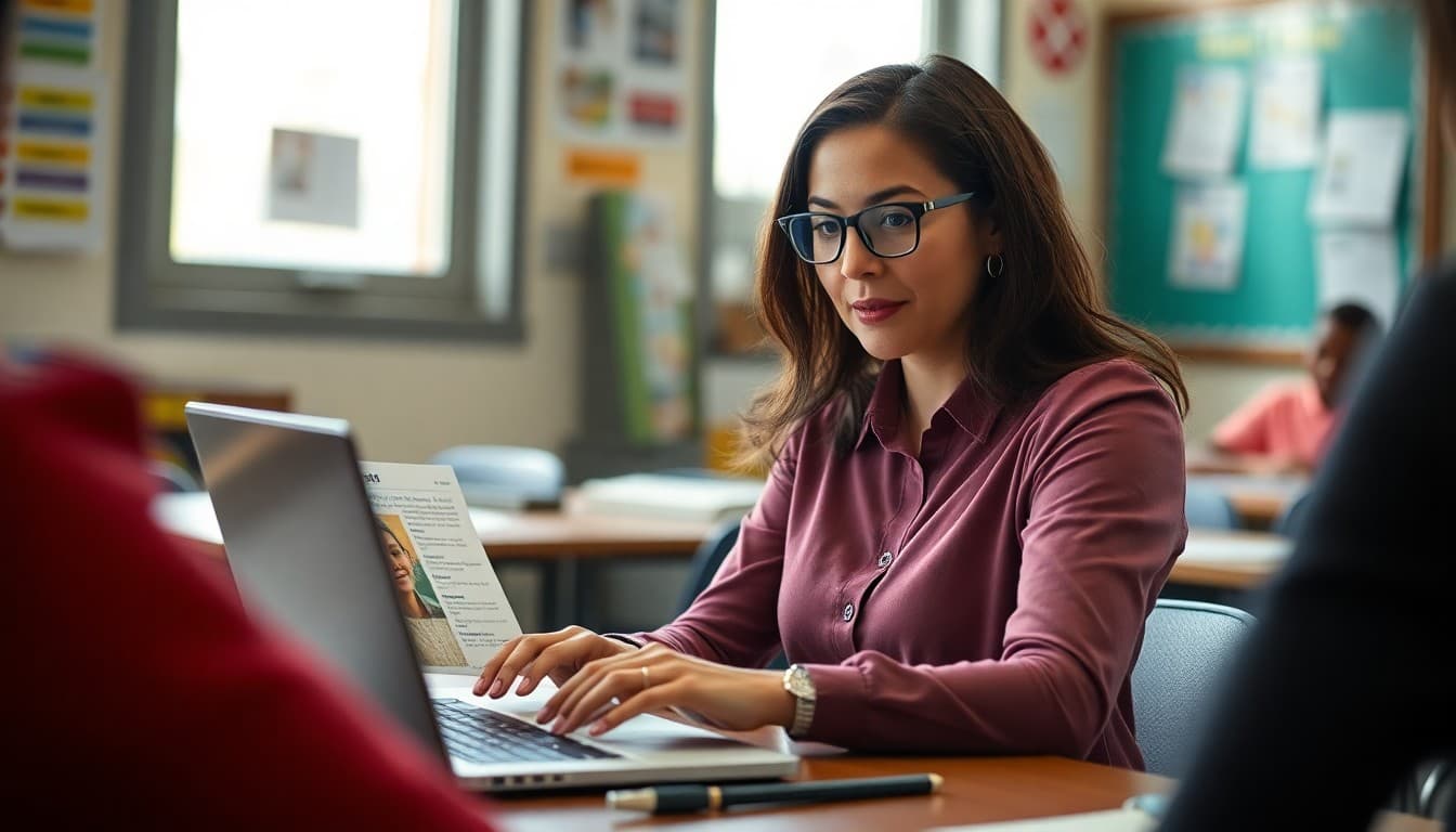 ELL teacher in Delaware sending bilingual newsletters to multilingual families on a laptop