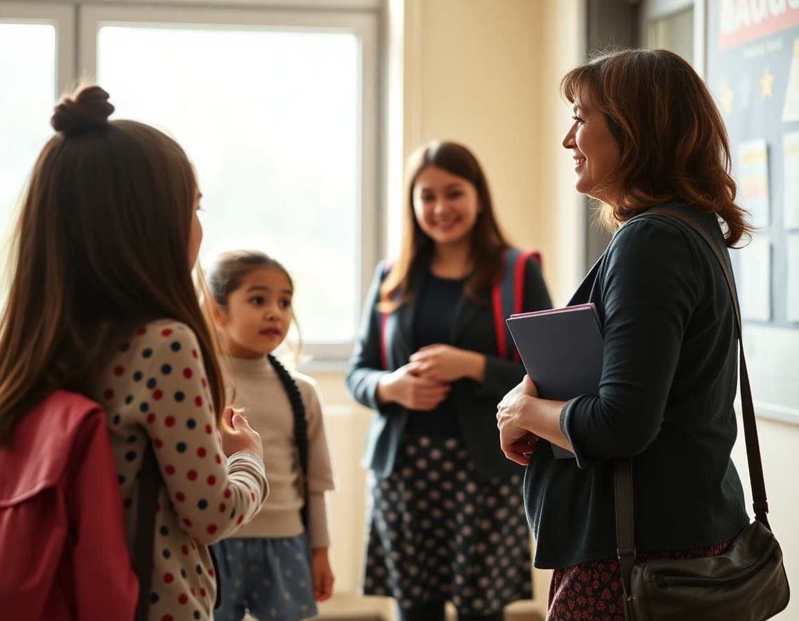 ELL teacher welcoming multilingual students and families at school on first day back