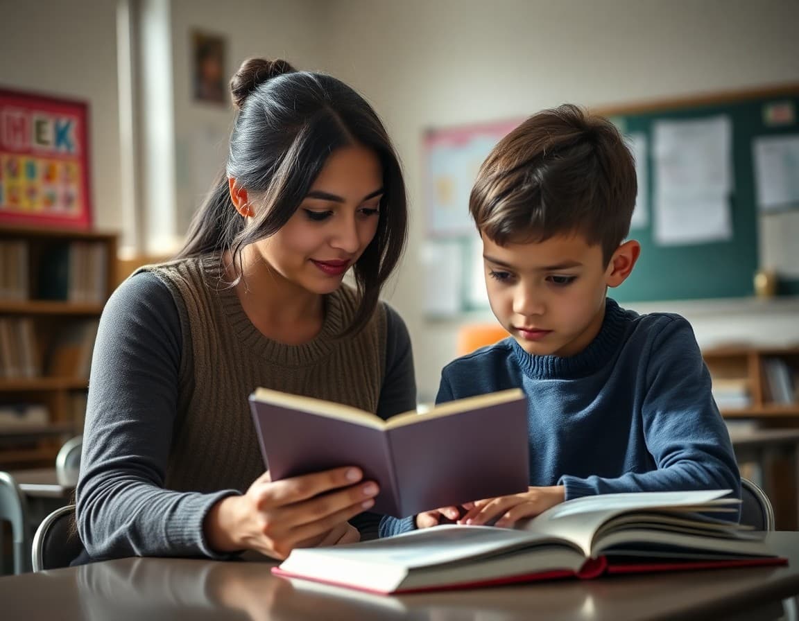 Bilingual ELL aide supporting English learner student with reading assignment in classroom