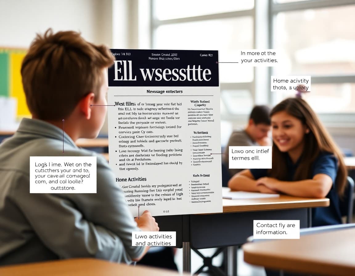 Annotated ELL newsletter example showing sections for language goals, home activities, and contact information