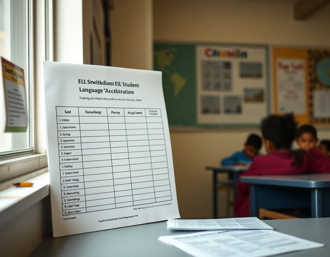 ELL student progress chart showing language acquisition milestones alongside a parent newsletter