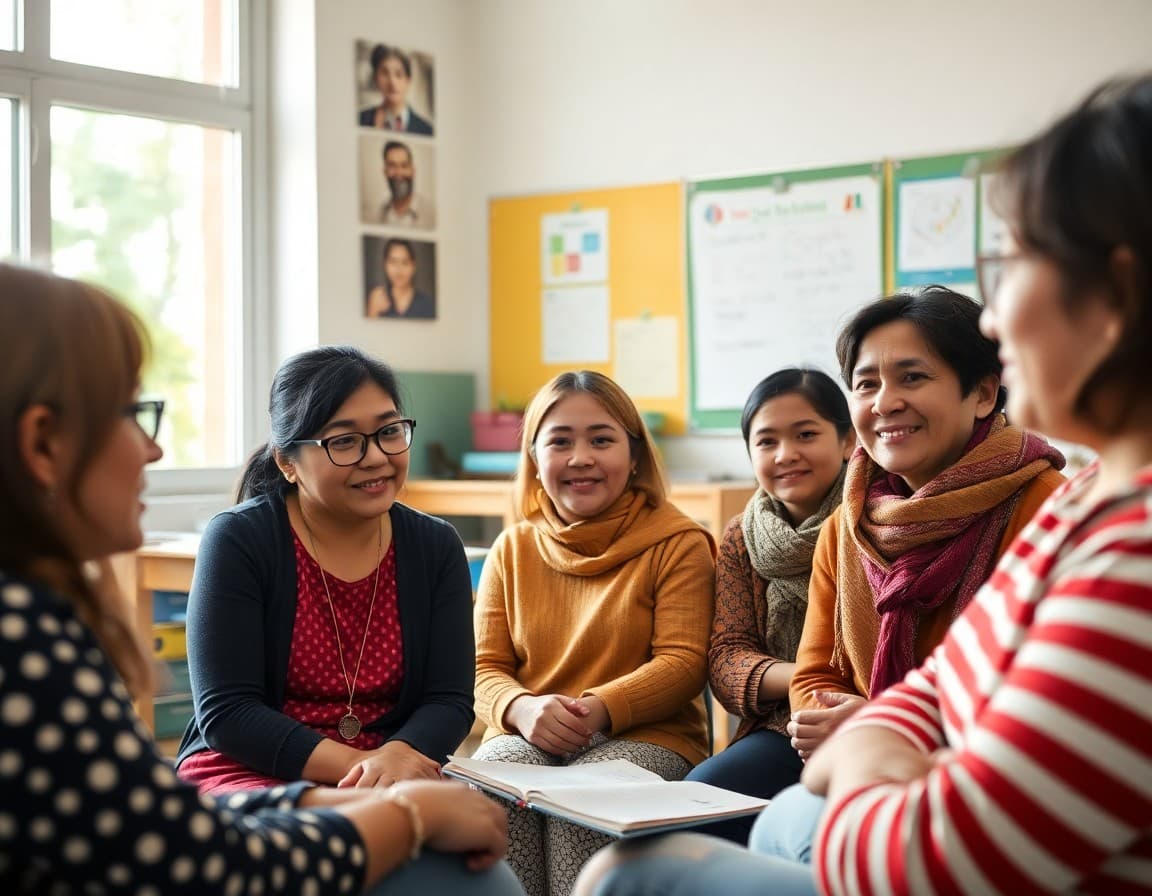 Multilingual parents participating in ELL family workshop at school with bilingual facilitator
