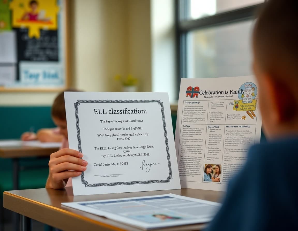 ELL reclassification certificate and progress documentation next to celebration newsletter for families