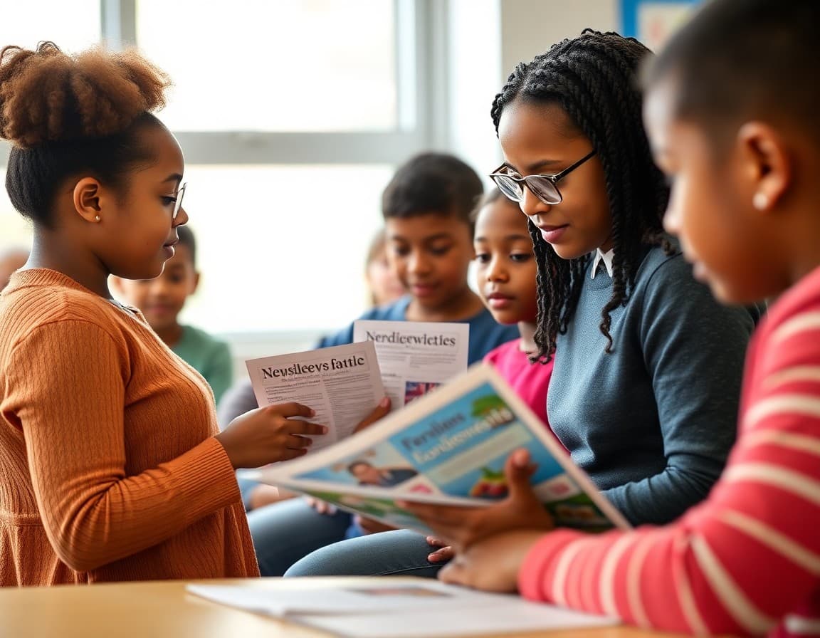 Georgia ELL families at a school welcome event reviewing multilingual program newsletters