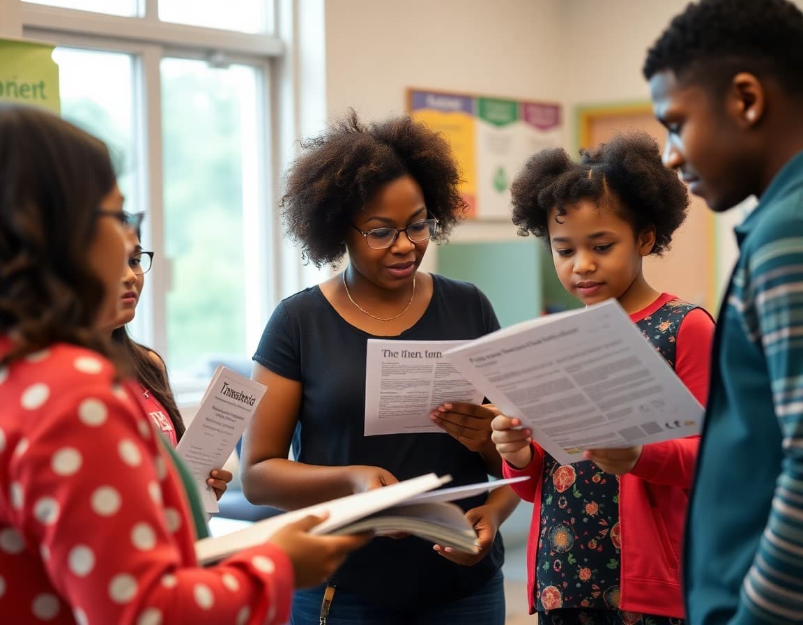 Diverse Georgia ELL families at a school information night reviewing translated program materials