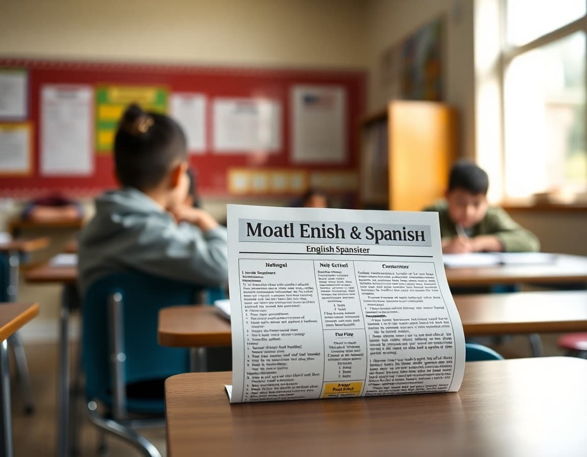 Bilingual English-Spanish newsletter printed on desk in Georgia ESOL classroom