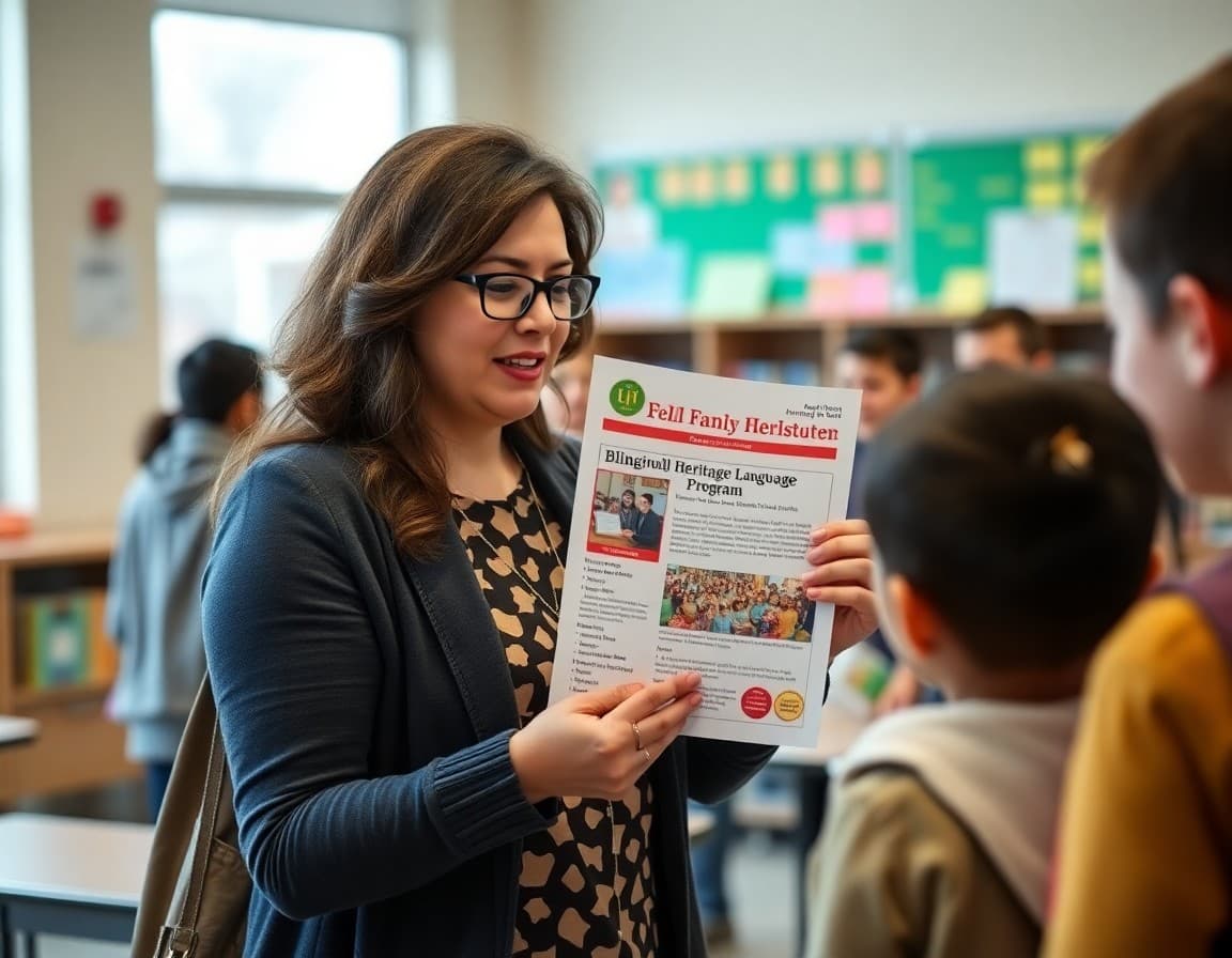 ELL teacher showing bilingual family heritage language program newsletter at school open house