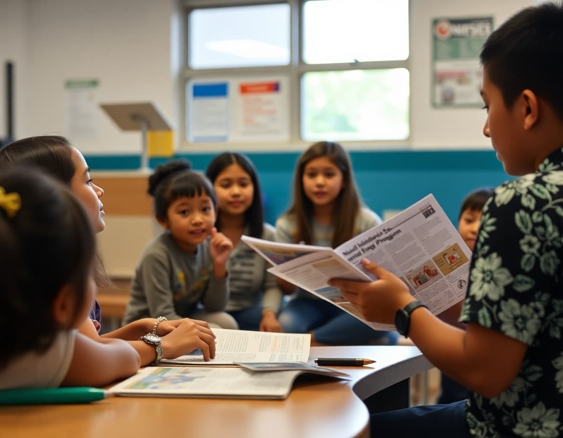 Hawaii ELL families at a school family night reviewing multilingual program newsletters