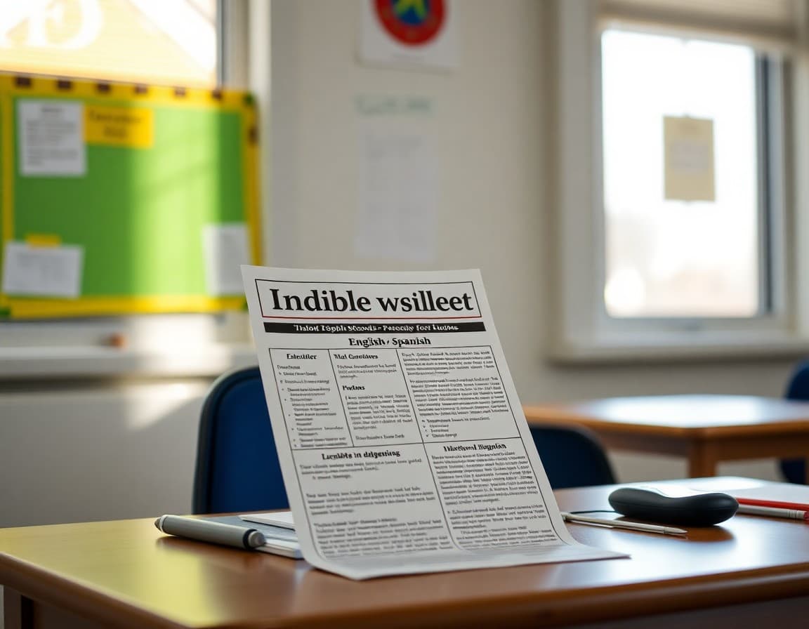 Bilingual English-Spanish newsletter for Idaho ESOL program on teacher desk near window