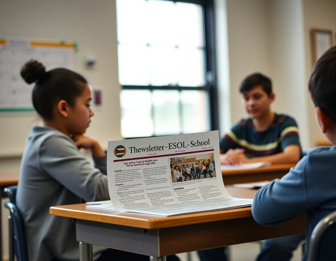 Bilingual English-Spanish newsletter printed at Illinois ESOL classroom desk near window