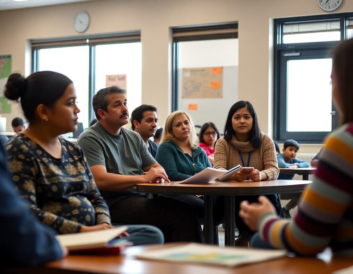 Indiana ELL families at a school parent night reviewing ELL program updates in Spanish and Burmese