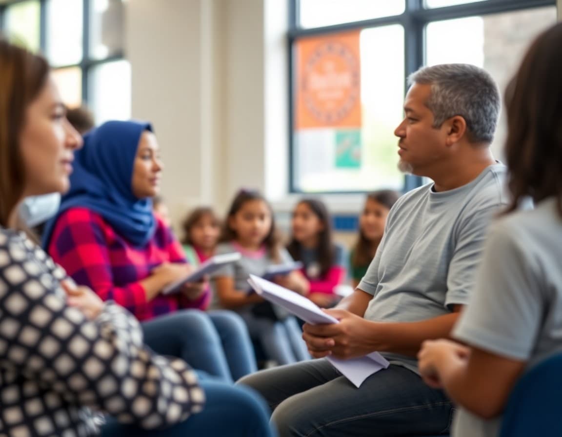 Kentucky ELL families at a school community event reviewing multilingual program information