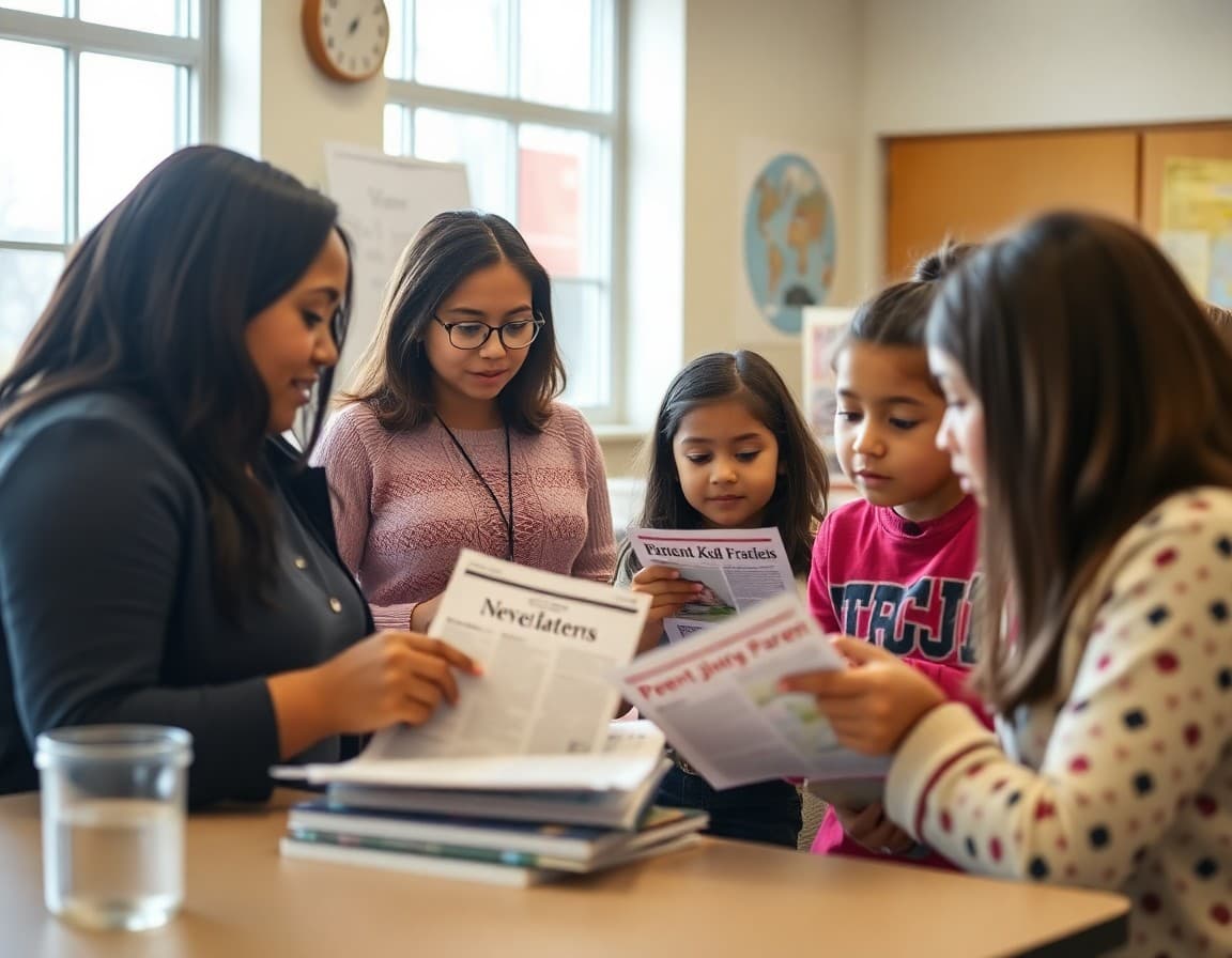 Kentucky ELL families at a school parent event reviewing program newsletters in multiple languages
