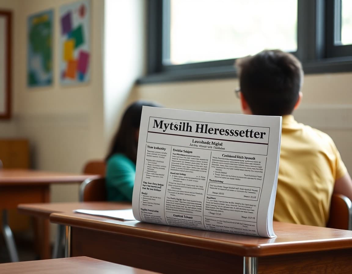 Bilingual English-Spanish newsletter printed at Louisiana ESOL classroom desk near window