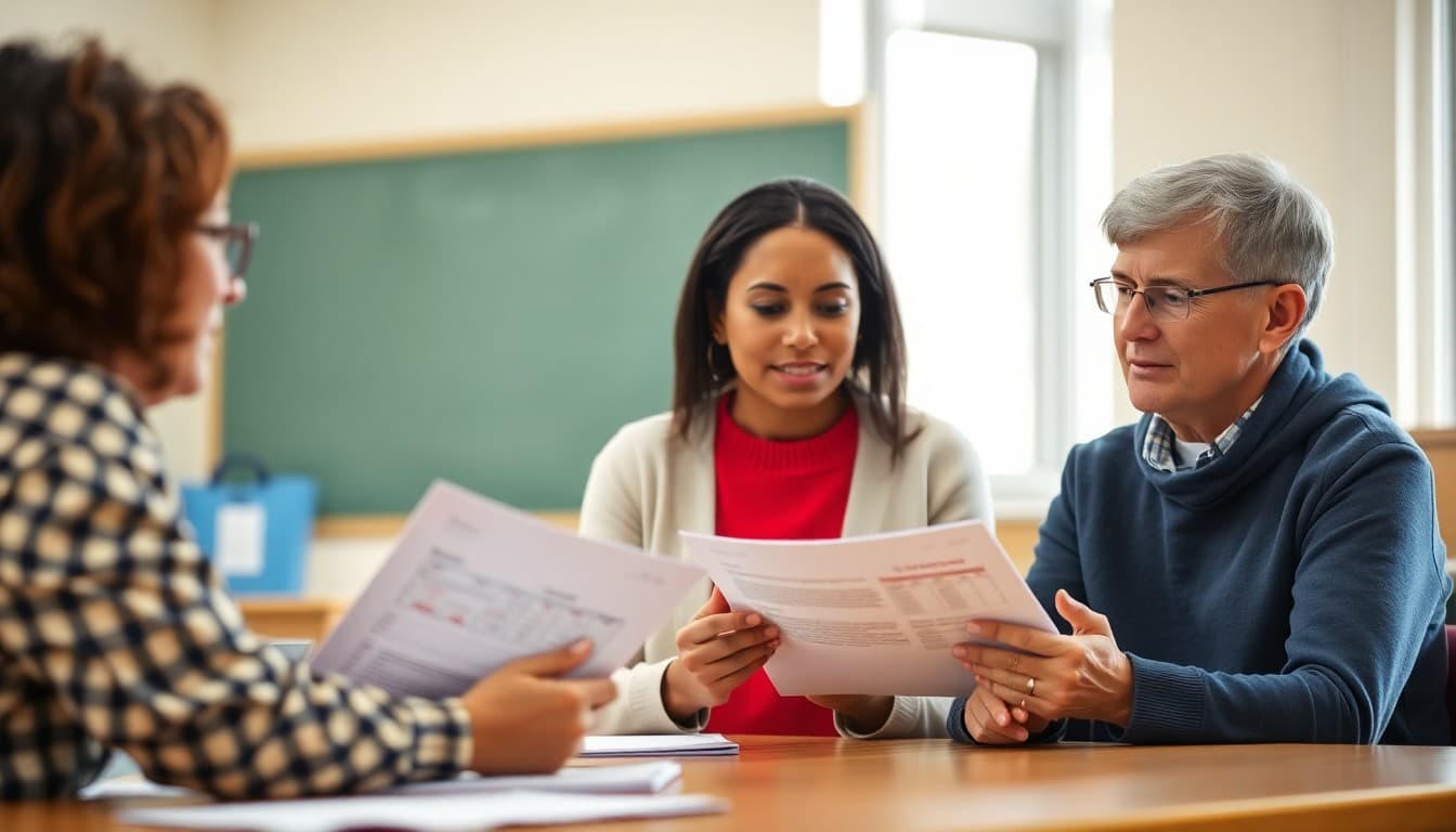 ELL coordinator reviewing language assessment results with a parent during a school conference