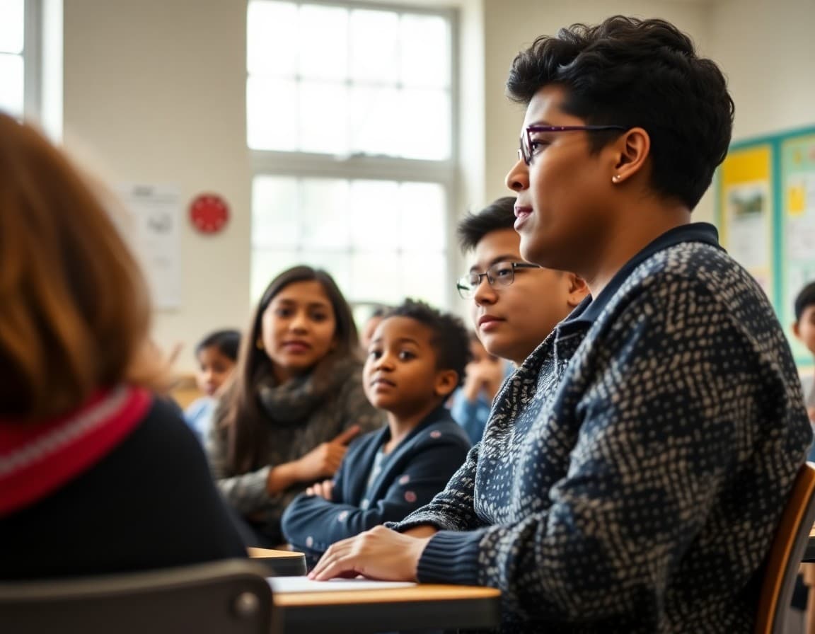 Diverse Massachusetts ELL families at a school parent event reviewing program updates in their home language