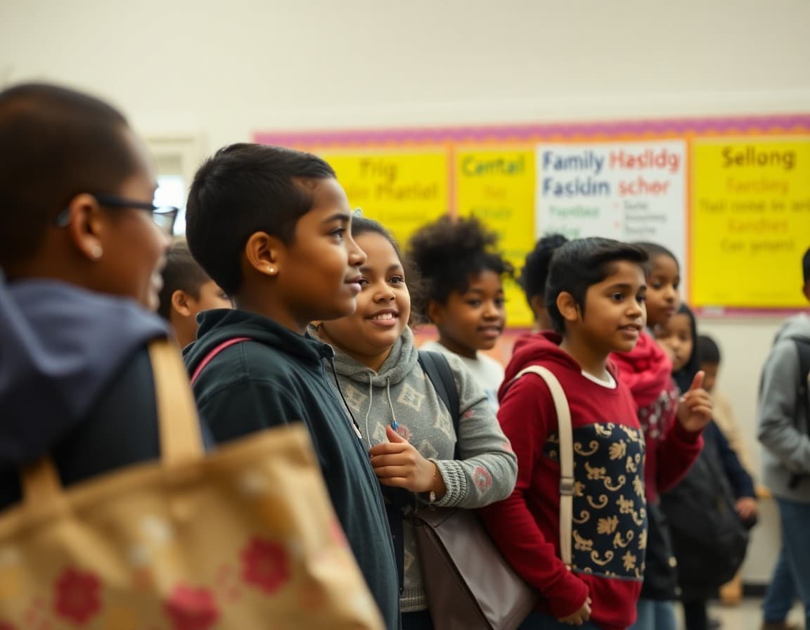 Diverse Maryland school community at family engagement night with multilingual signage