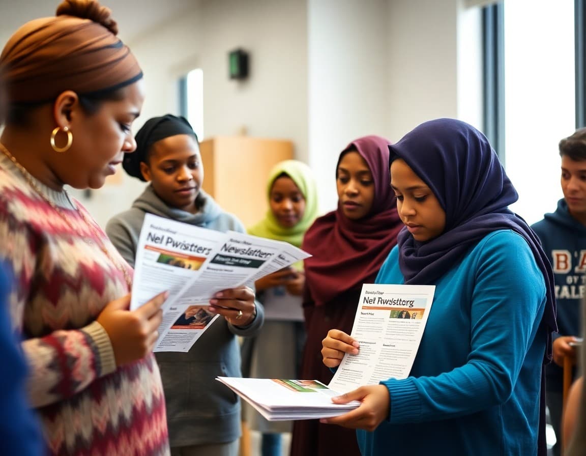 Maine ELL families at a Portland school parent event reviewing program newsletters in Somali and French