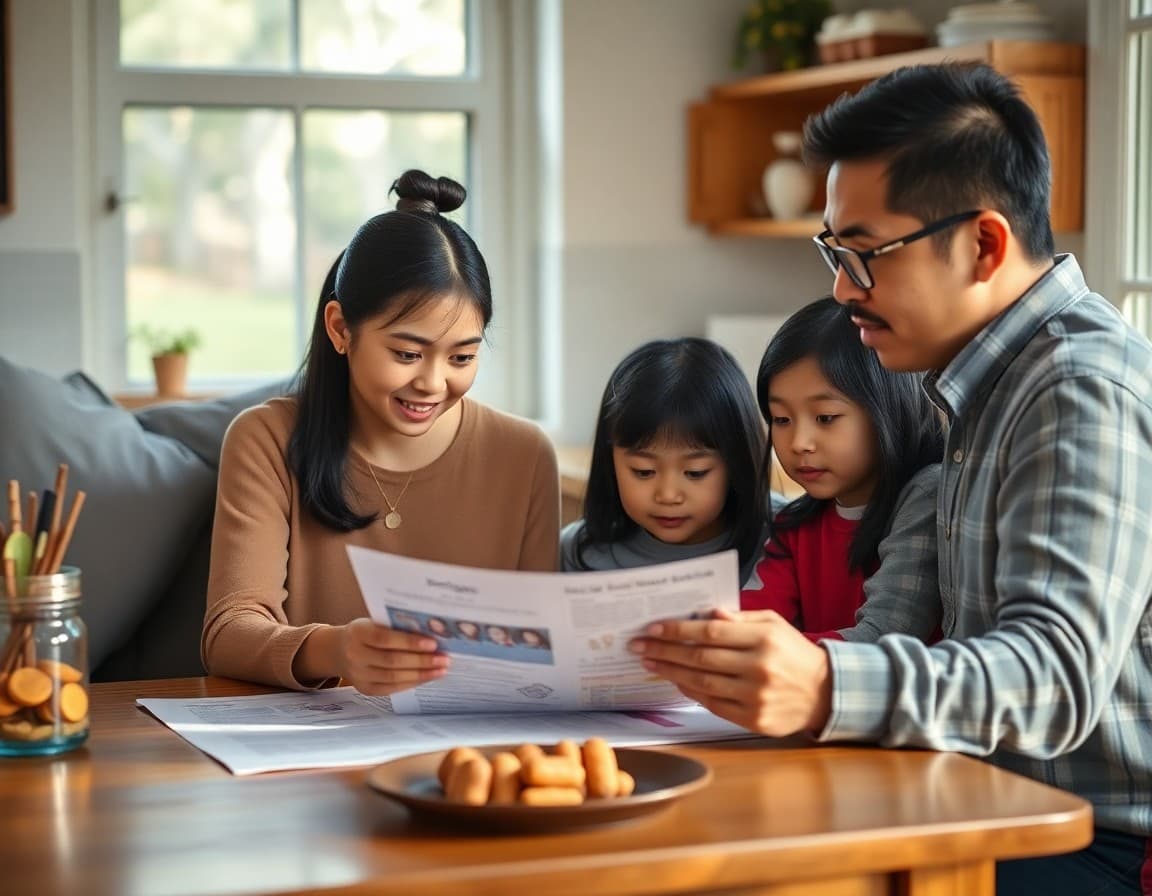 Multilingual family reading school newsletter together at kitchen table
