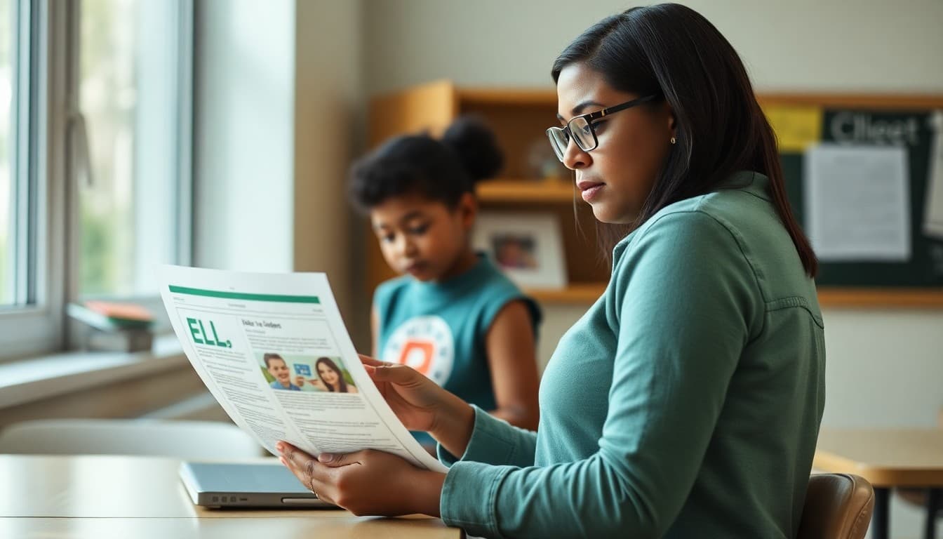 ELL teacher in Maine reviewing bilingual newsletter before sending to families