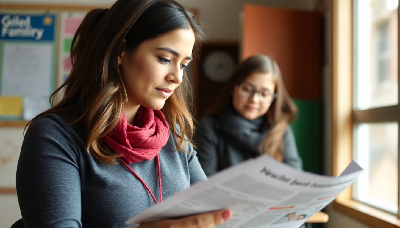 ELL teacher in Michigan reviewing bilingual newsletter before sending to families