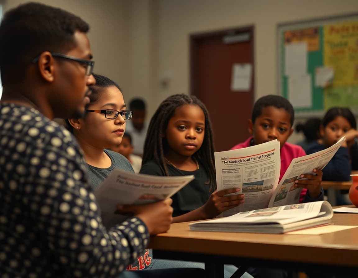 Mississippi ELL families at a school community night reviewing multilingual program newsletters