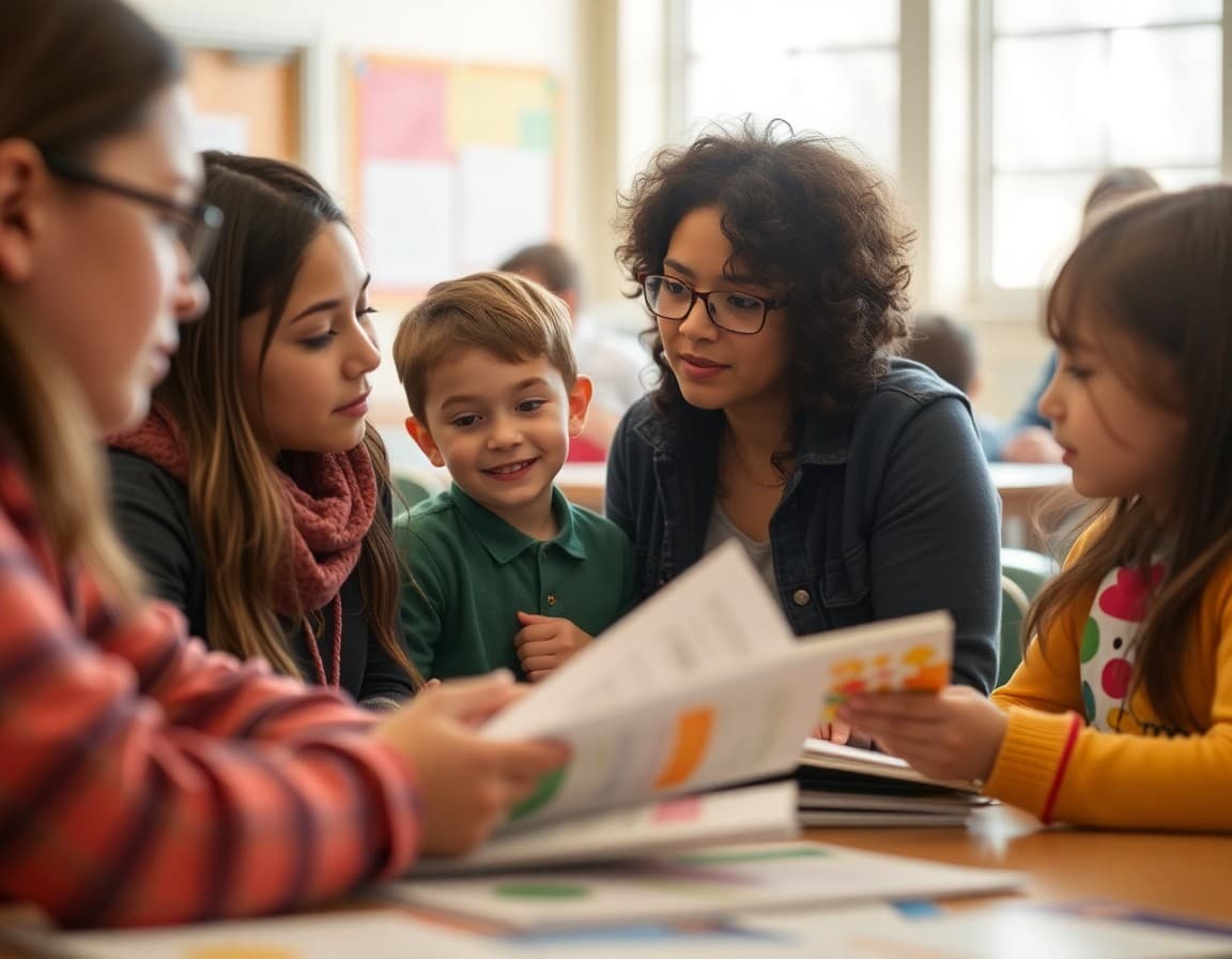 Montana ELL families at a school community event reviewing multilingual program materials