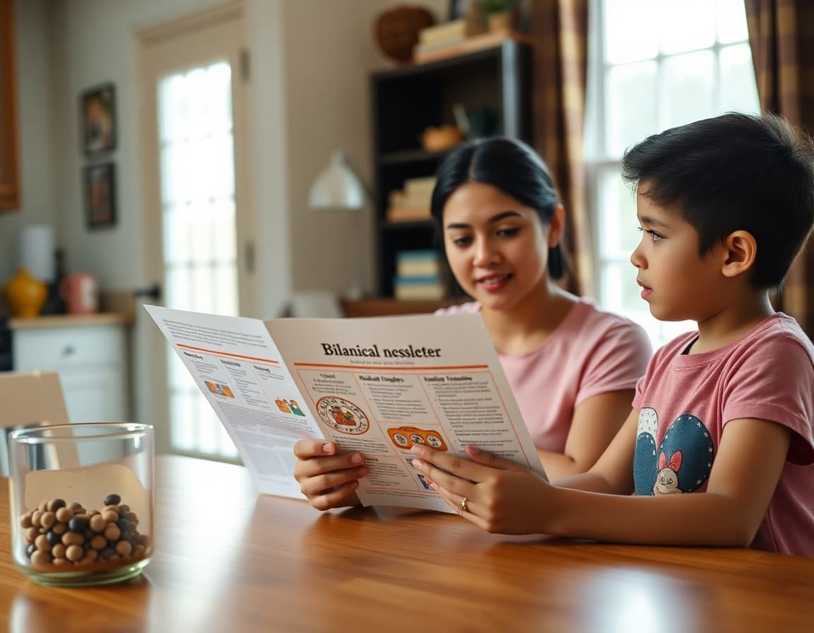 Hispanic family in North Carolina reading a bilingual school newsletter at their kitchen table