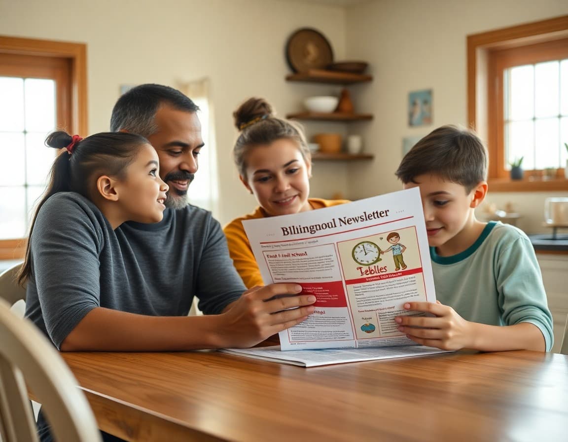 Diverse family in North Dakota reviewing a bilingual school newsletter at their kitchen table