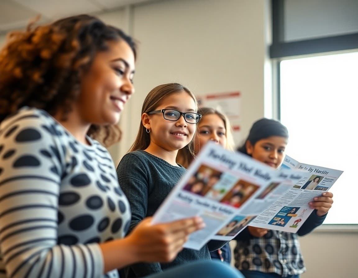 Nebraska ELL families at a school community event reviewing multilingual program newsletters