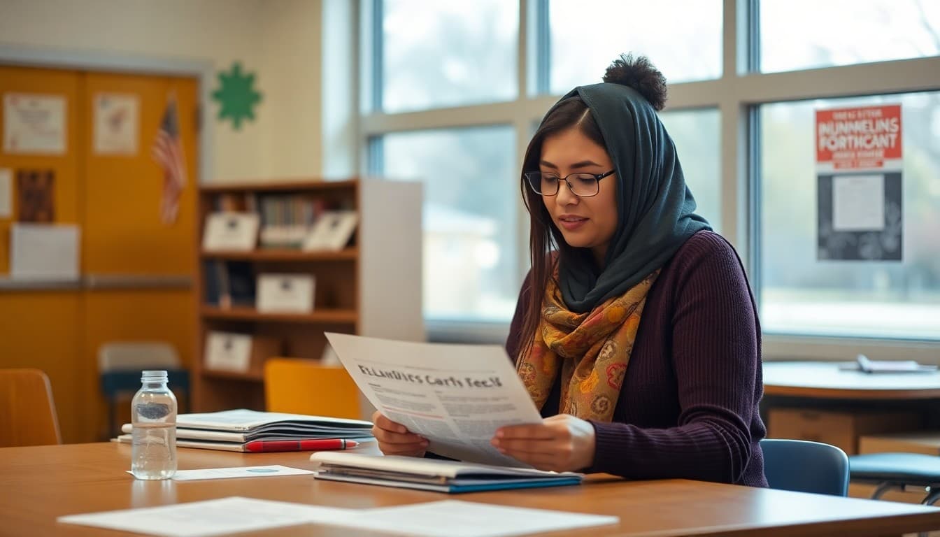 Nebraska ELL teacher preparing bilingual newsletters for Spanish and Somali families in an Omaha school