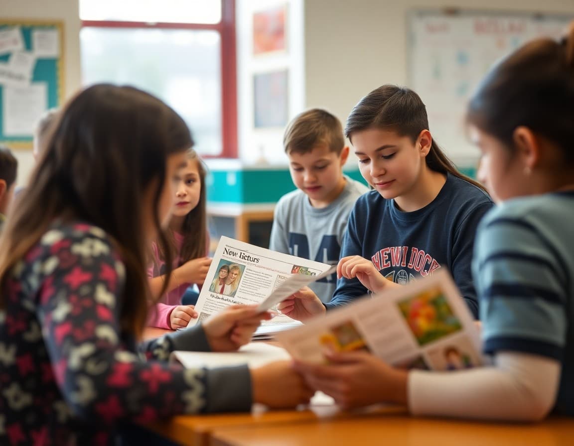 New Hampshire ELL families at a school community event reviewing multilingual program newsletters