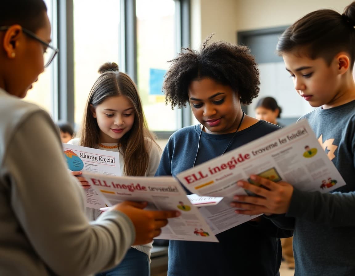 New Jersey ELL families at a school community event reviewing multilingual program newsletters