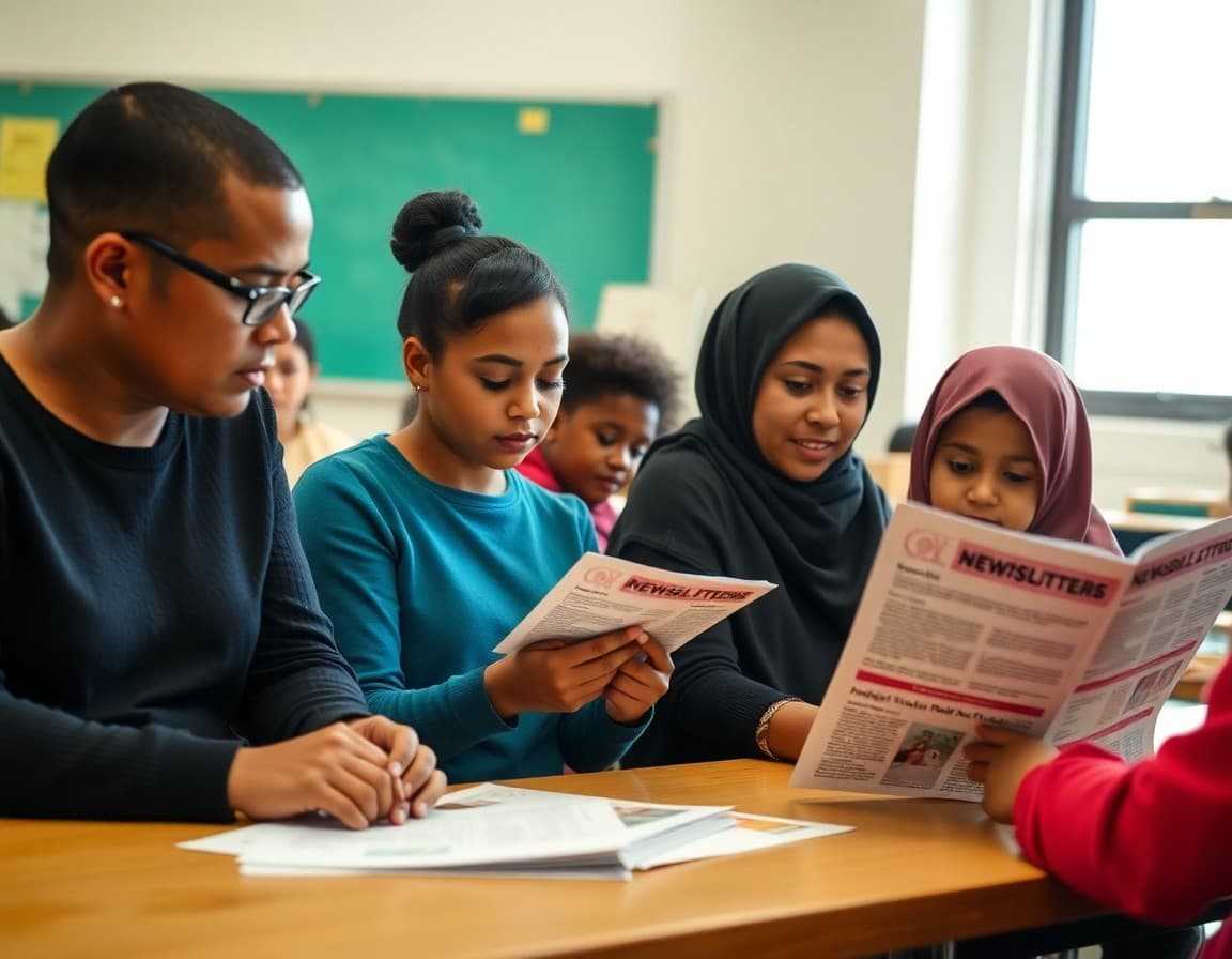 Ohio ELL families at a Columbus school parent night reviewing translated program newsletters in Spanish and Somali
