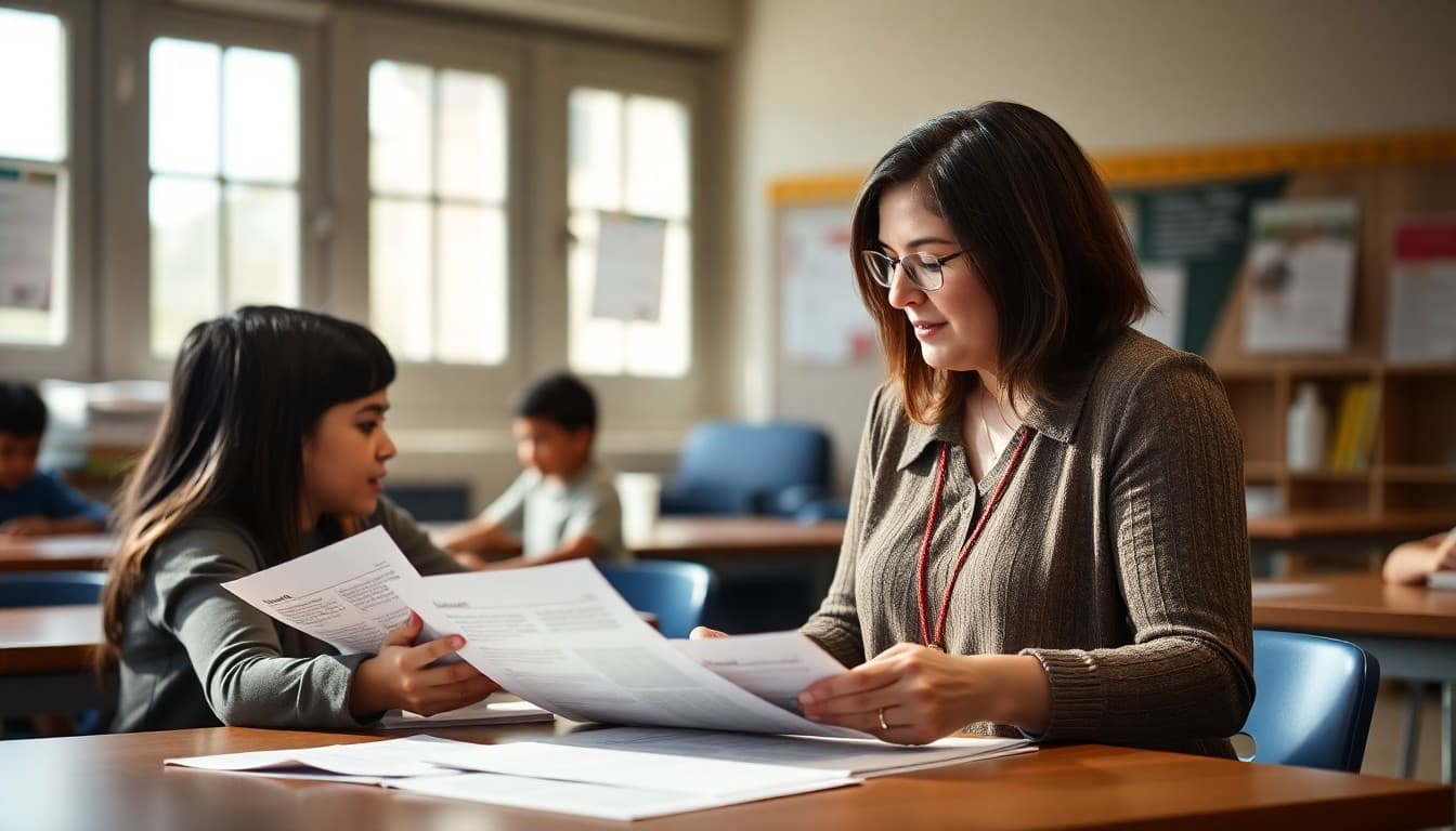 Oklahoma ELL teacher preparing bilingual newsletters for Spanish and Vietnamese families in a Tulsa school
