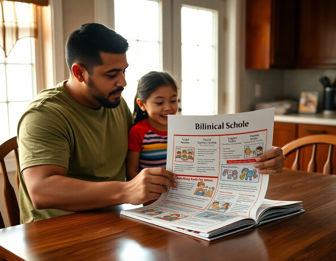 Hispanic family in Oklahoma reading a bilingual school newsletter at their kitchen table