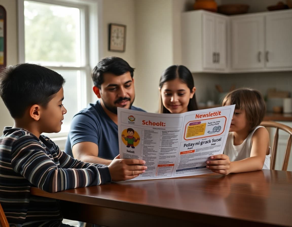 Hispanic family in Oregon reading a bilingual school newsletter at their kitchen table