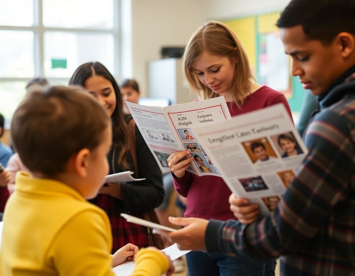 Pennsylvania ELL families at a Philadelphia school community event reviewing multilingual newsletters