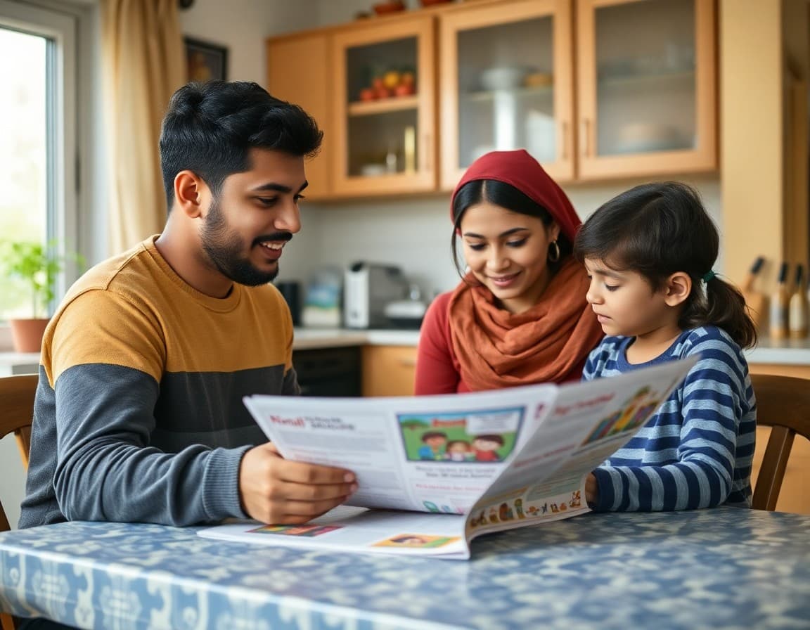 South Asian family reading Punjabi school newsletter together at home kitchen table