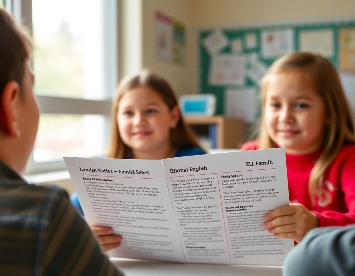 Bilingual newsletter page showing English and Spanish columns for ELL family communication