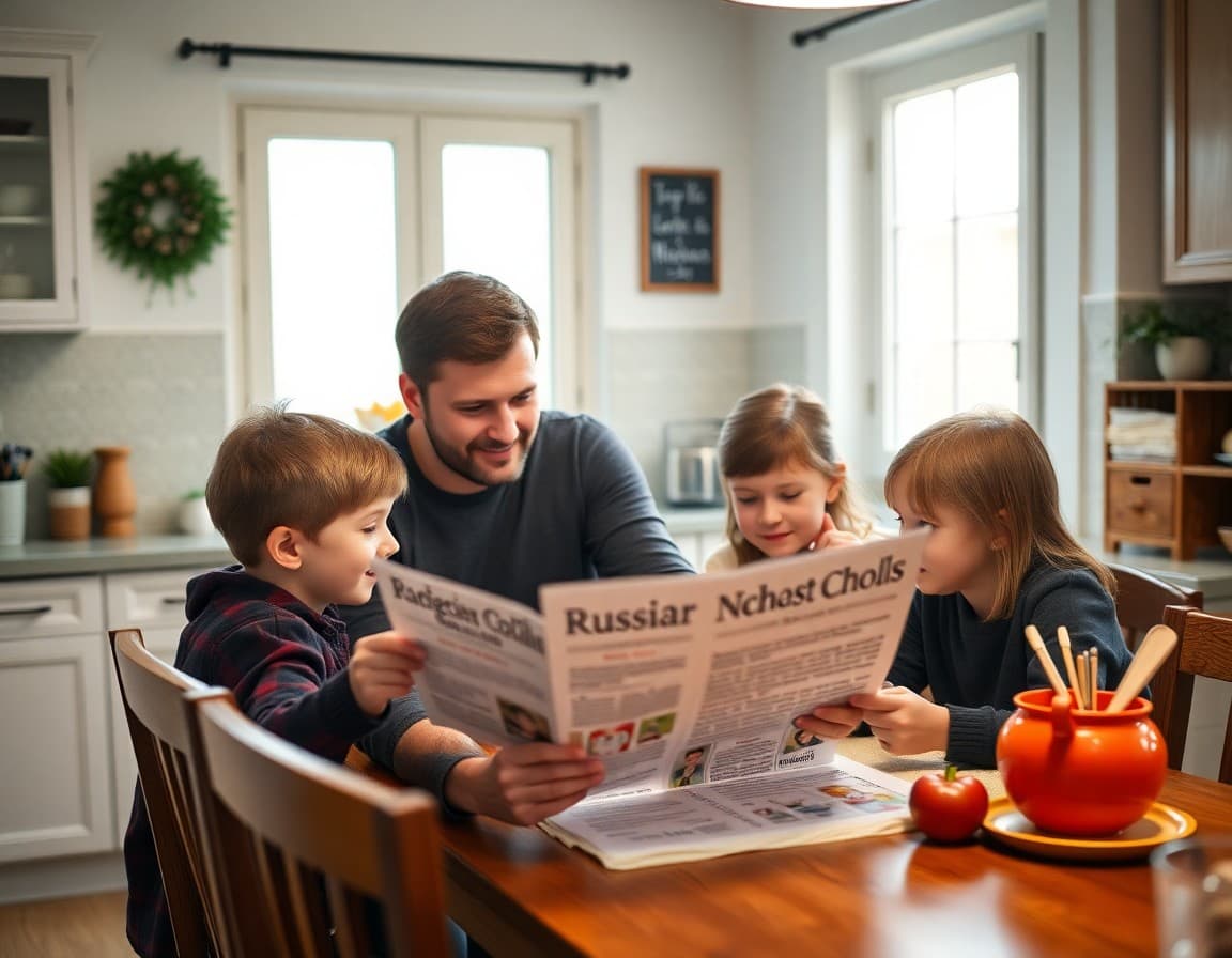 Russian-speaking family reading translated school newsletter at home kitchen table together