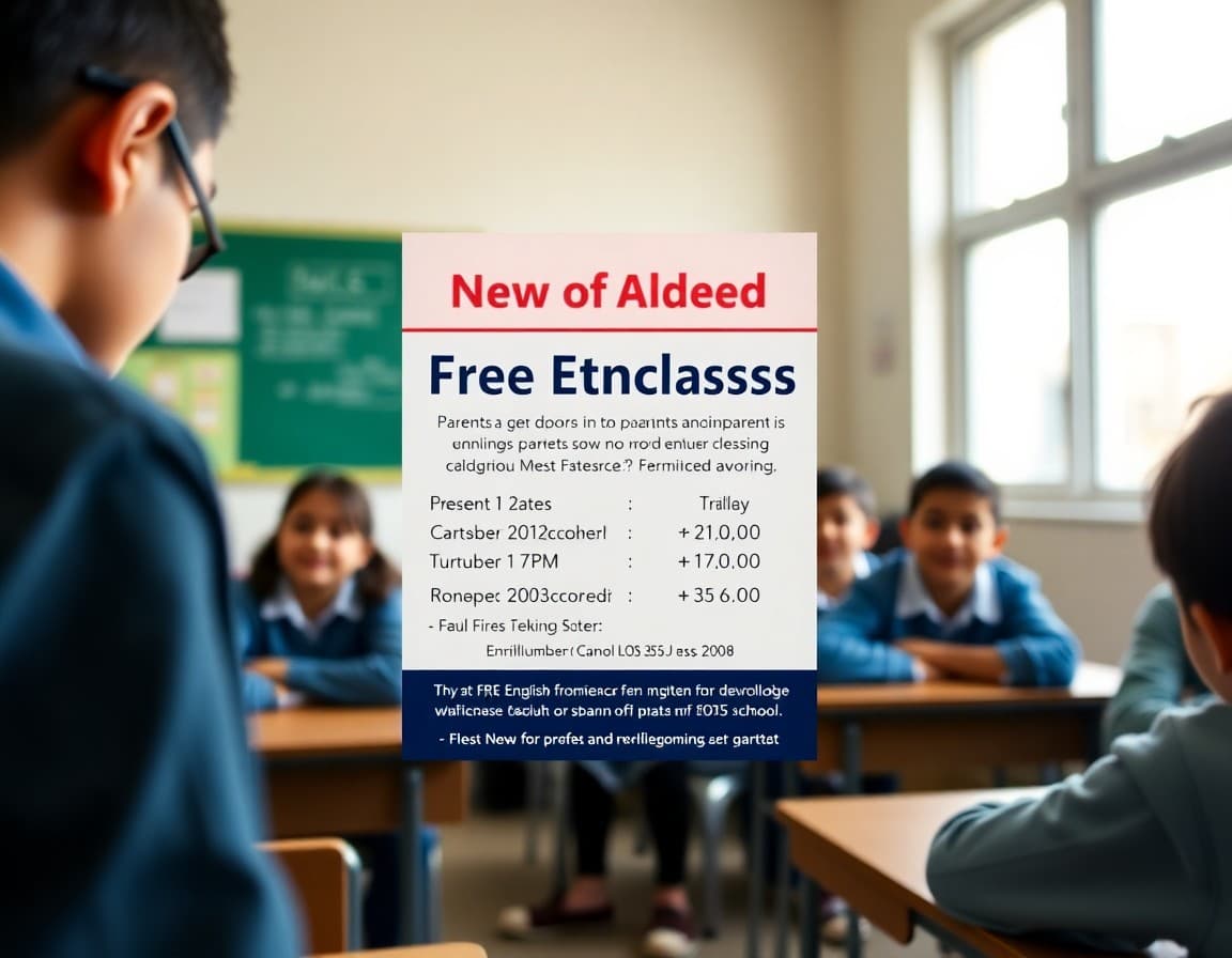 School newsletter announcing free English classes for parents with schedule and enrollment details
