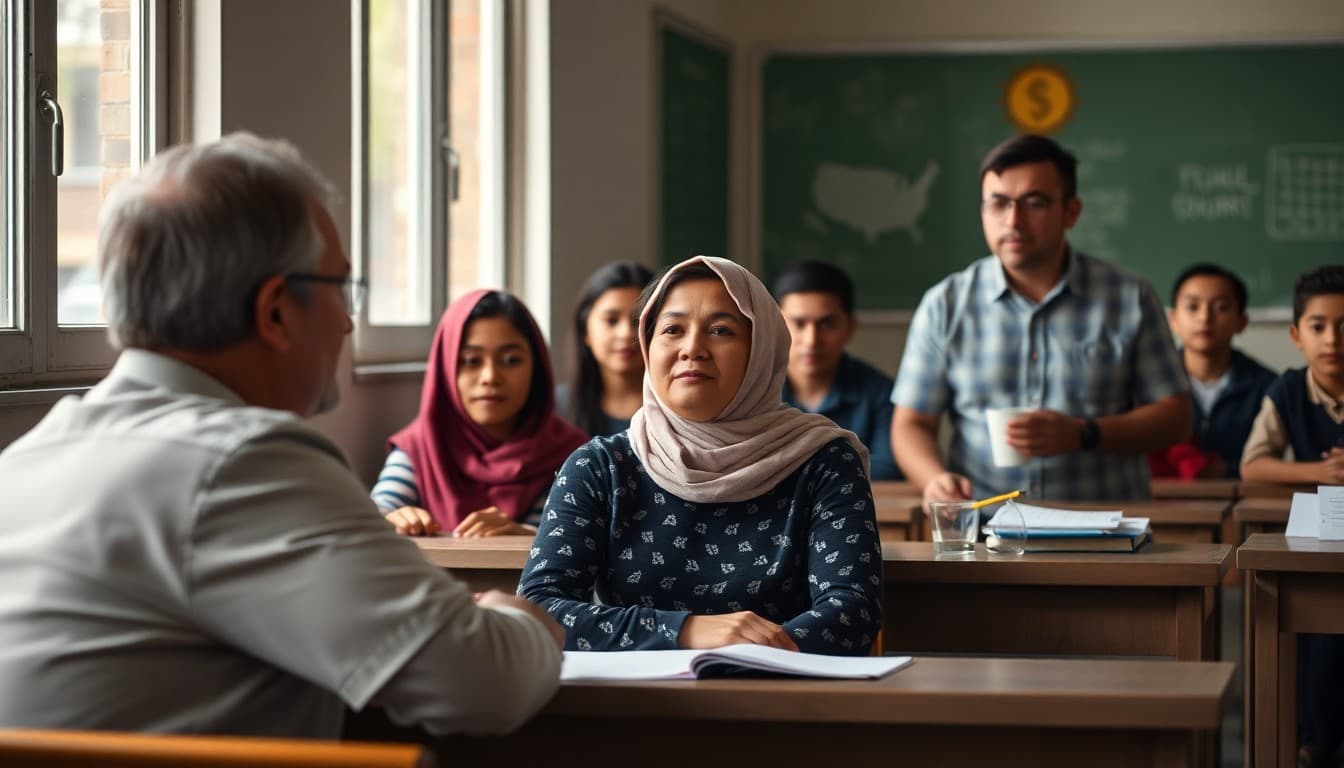 Parents attending free English language class at school in the evening with supportive instructor