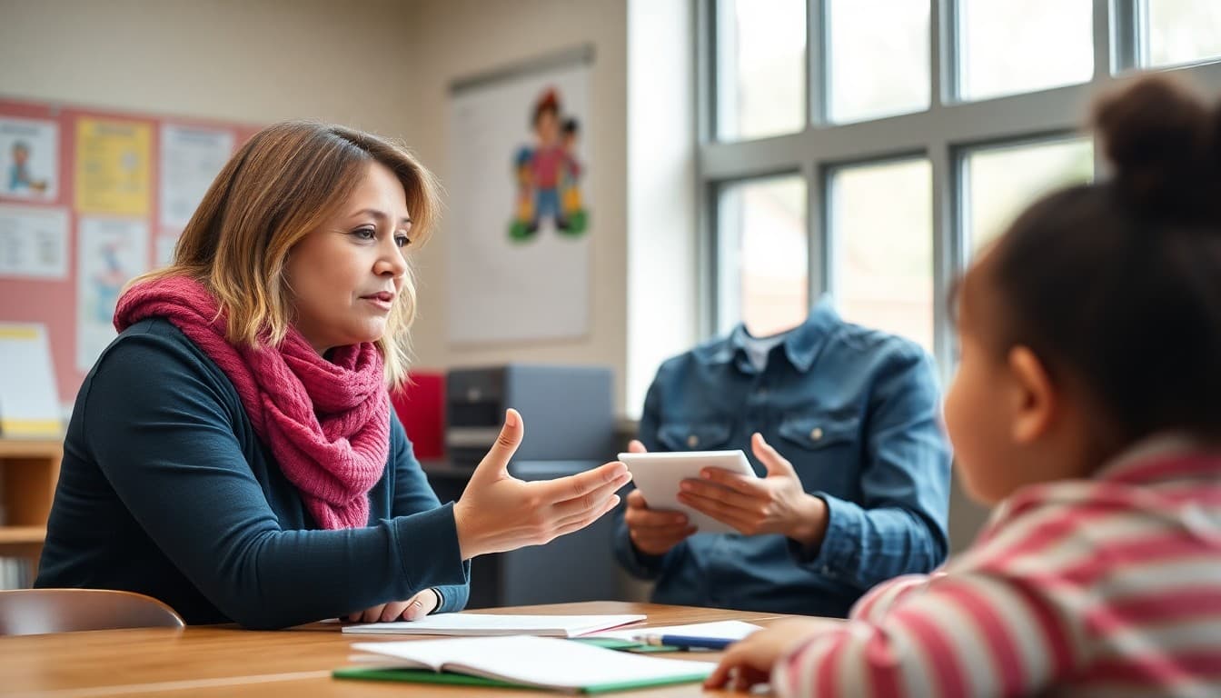 ELL teacher explaining sheltered instruction techniques to a parent during school conference meeting