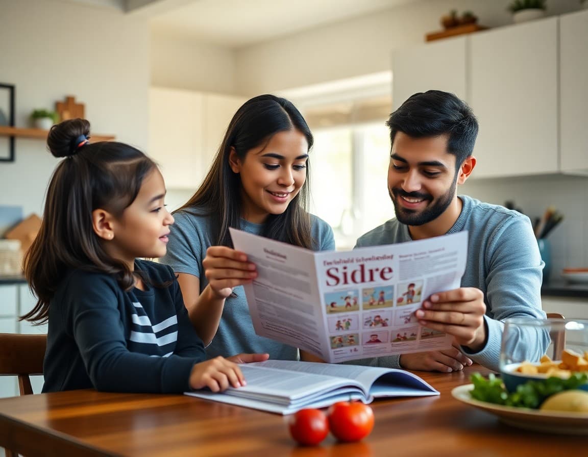 Spanish-speaking family reading translated school newsletter together at home kitchen table