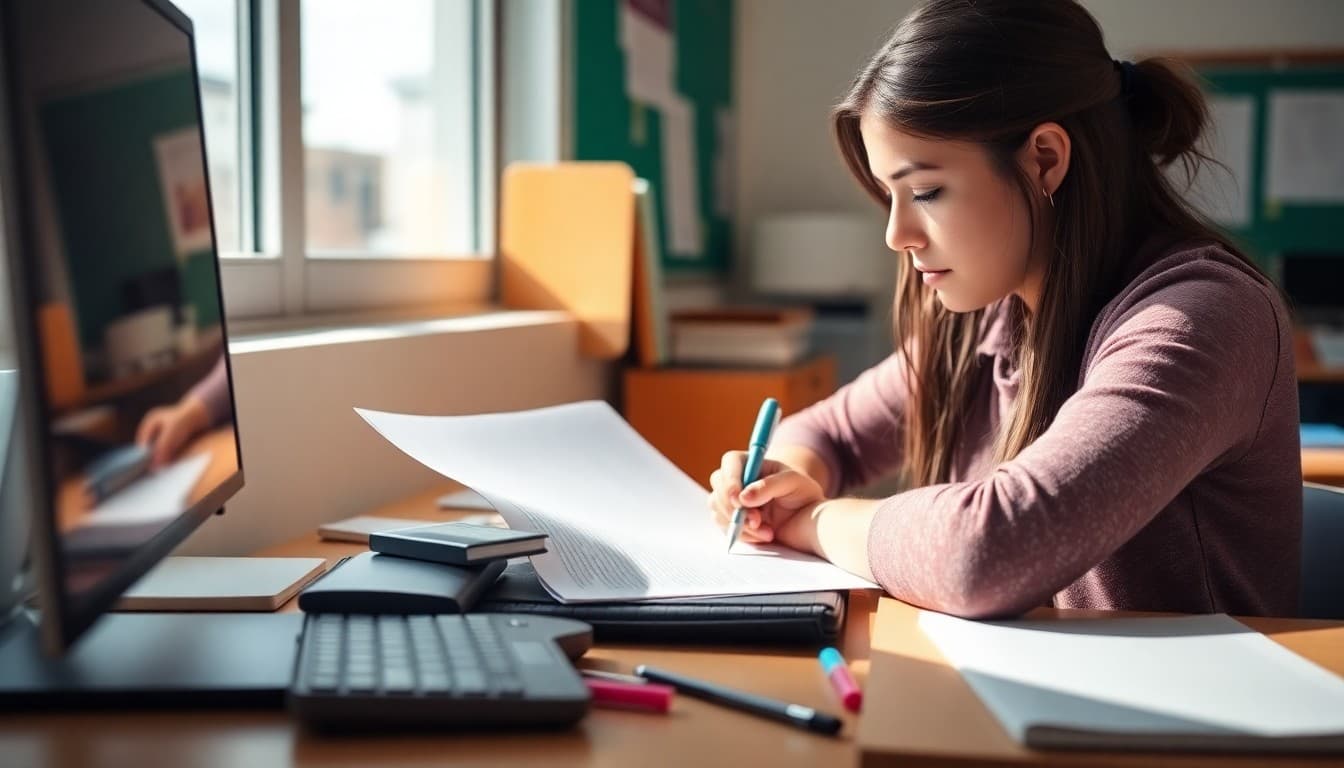 Teacher writing a Spanish language school newsletter for Spanish-speaking families at desk